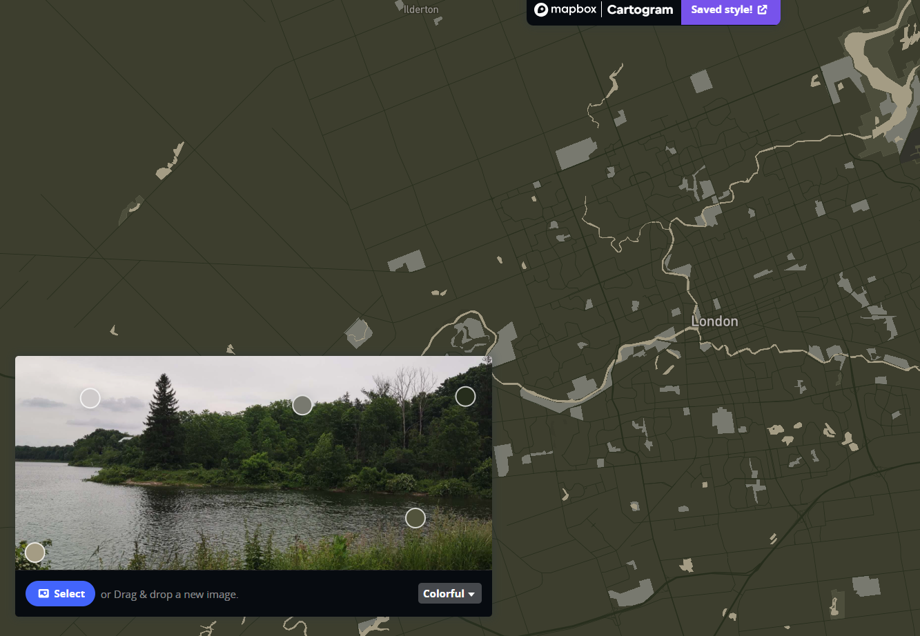 This is the result of me importing the photos into the Cartogram Mapbox. The color of the Mapbox changes along with the color of the photos I import.