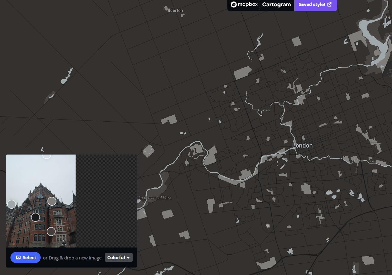 This is the result of me importing the photos into the Cartogram Mapbox. The color of the Mapbox changes along with the color of the photos I import.
