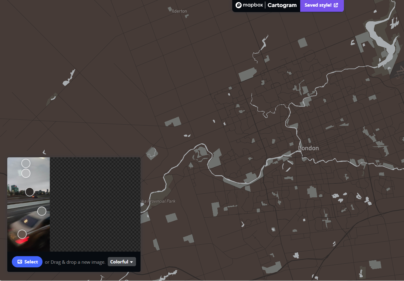 This is the result of me importing the photos into the Cartogram Mapbox. The color of the Mapbox changes along with the color of the photos I import.